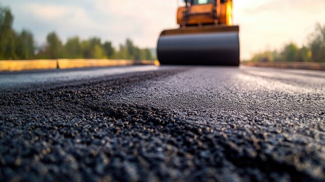 A detailed view of fresh asphalt on a road, with a steamroller in the distance preparing to flatten and smooth the surface during road repairs.