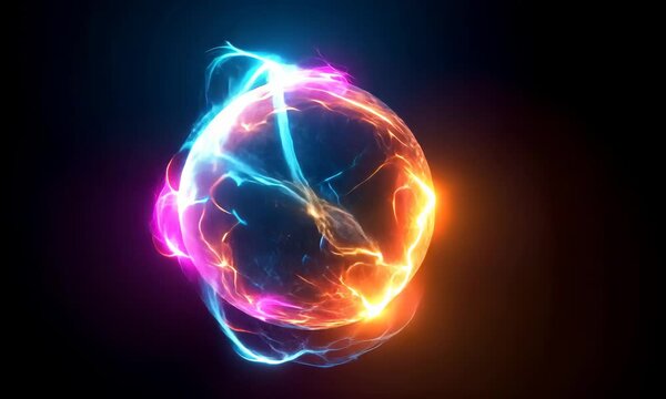 Spherical neon purple, yellow and blue cosmic energy or plasma ball with bright electric lightning streams and glowing effects on black background, VFX