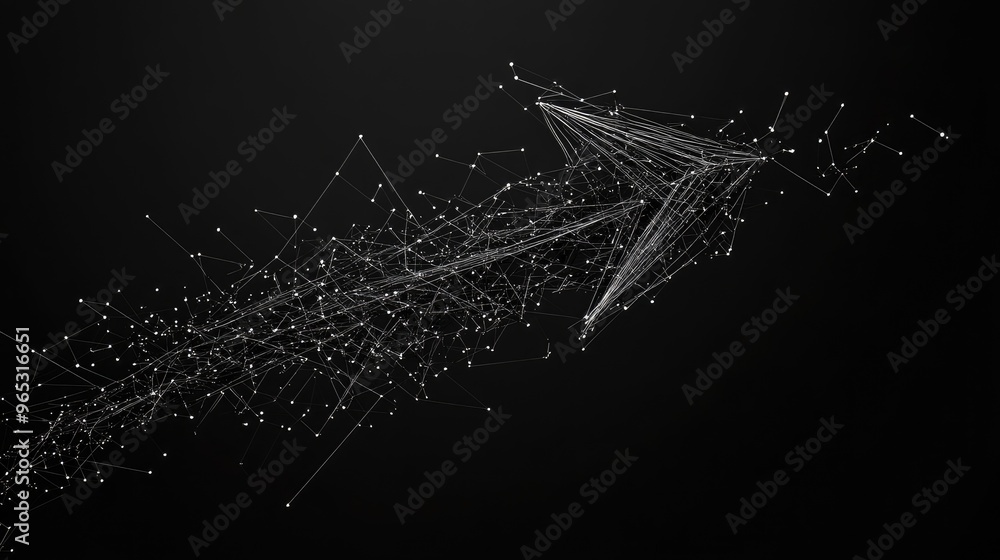 Poster a down arrow made of a web of nodes and lines, against a plain black backdrop, symbolizing the regre