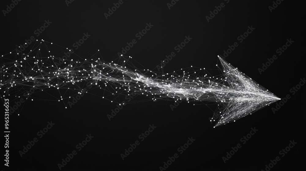 Poster a down arrow made of a web of nodes and lines, against a plain black backdrop, symbolizing the regre
