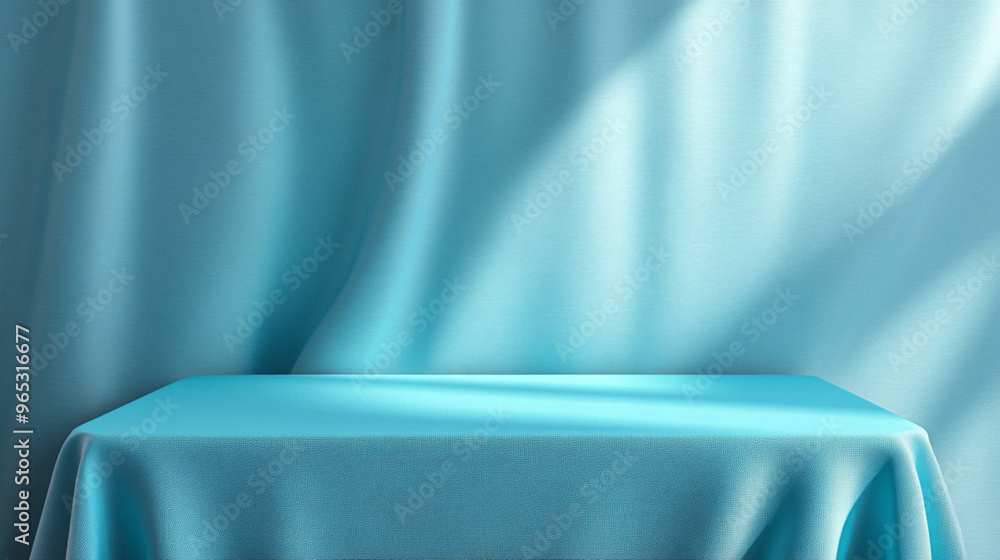 Poster empty table podium on cyan background with generative ai.