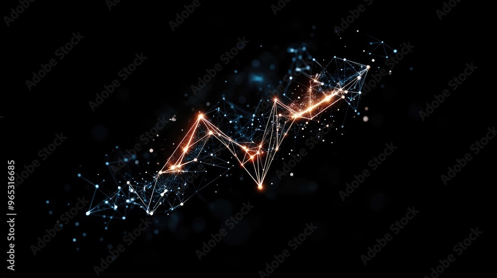 Poster a downward arrow composed of interconnected nodes and lines, set against a black background, symboli