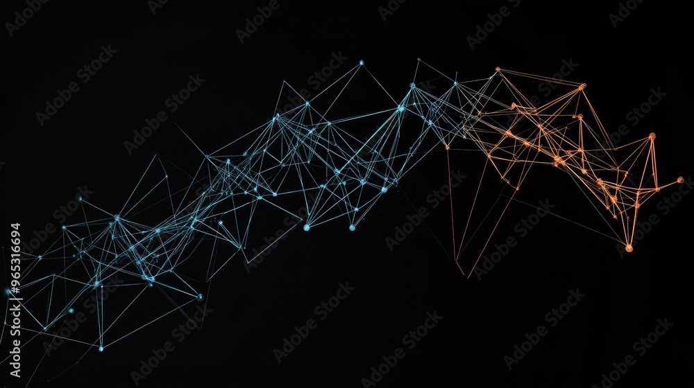 Poster a downward arrow composed of interconnected nodes and lines, set against a black background, symboli