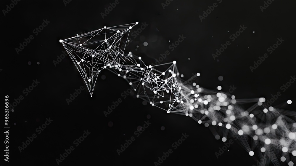 Poster a downward-pointing arrow formed from interconnected nodes and lines, representing the concept of da