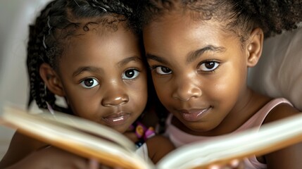 Sisters are happily reading a bedtime story before going to sleep.