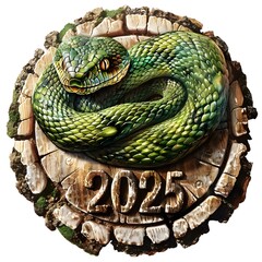 Decorative wooden round figurine with a green snake, the symbol of 2025.