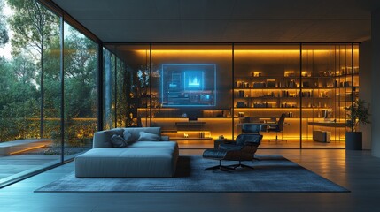 Modern smart home office featuring holographic time management in a sleek design