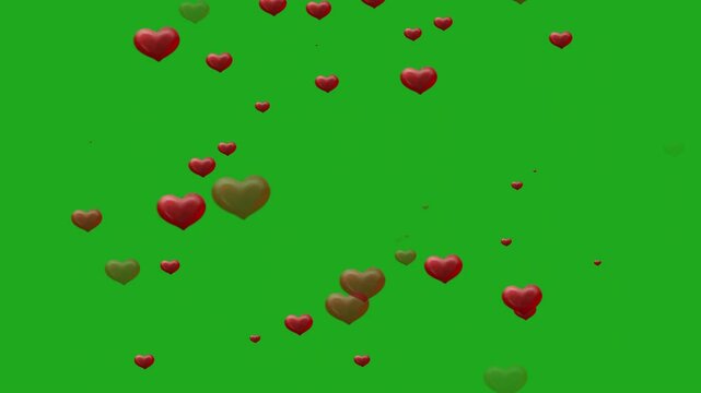 Floating of red heart shapes on green screen background