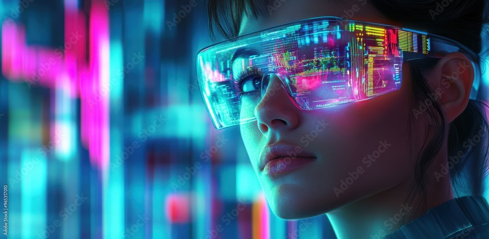 Poster beautiful woman wears futuristic glasses with holographic data graphs floating in front of her, set 