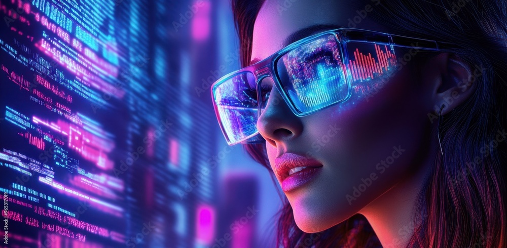 Poster beautiful woman wears futuristic glasses with holographic data graphs floating in front of her, set 