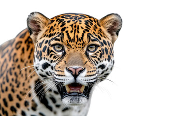 Obraz premium Close-up portrait of a fierce leopard showcasing its stunning coat and intense gaze, set against a black background.