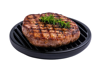 Grilled steak on a black grill plate, garnished with fresh herbs, showcasing a deliciously cooked meat for culinary enthusiasts.