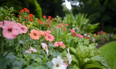 Fototapeta premium Colorful geraniums and pelargoniums in a lush garden filled with vibrant flowers