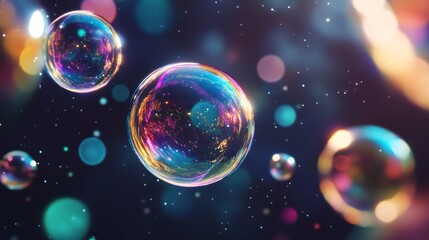 Colorful soap bubbles floating against a dark background, abstract art concept