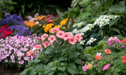 Colorful geraniums and pelargoniums in a lush garden filled with vibrant flowers