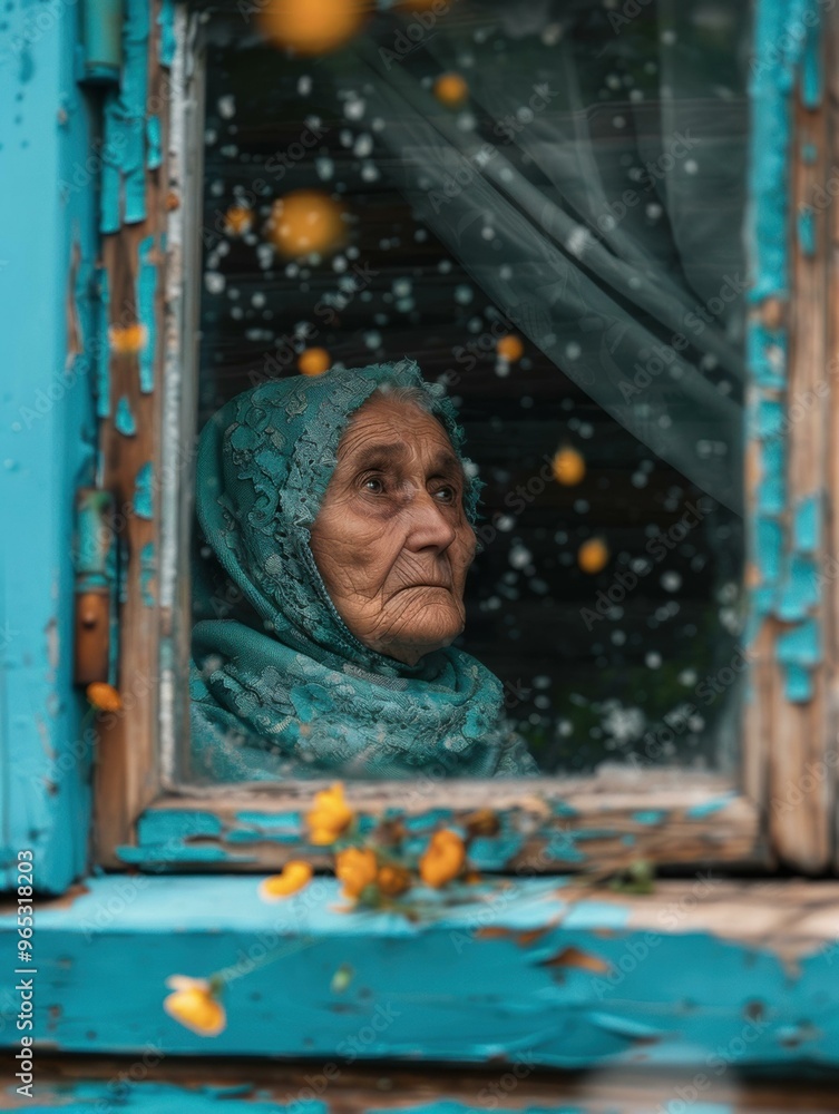 Sticker An elderly woman looks out of a window. AI.