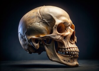 A detailed, close-up, side view of a human skull, showcasing the intricate structure of the cranium, facial bones,
