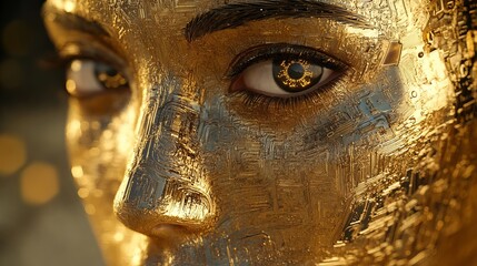Golden humanoid with intricate details and reflective eyes in a portrait
