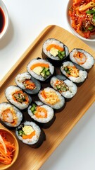 Kimbap is a Korean food consisting of rice and several ingredients seasoned with sesame oil and wrapped in nori seaweed,Korean food,healthy and delicious,Sushi Rolls,Gimbap traditional street food.