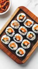 Kimbap is a Korean food consisting of rice and several ingredients seasoned with sesame oil and wrapped in nori seaweed,Korean food,healthy and delicious,Sushi Rolls,Gimbap traditional street food.