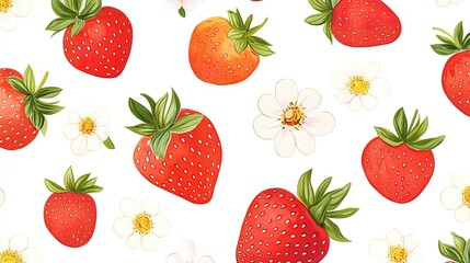Seamless hand-drawn pattern of strawberries and flowers on a white background.