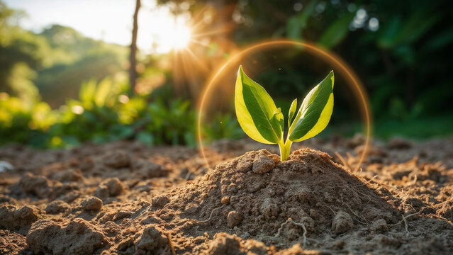 New plants growth and looks like it is absorbing sunlight 