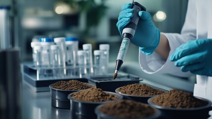 A laboratory technician uses a pH meter to assess soil acidity, with several soil samples prepared for testing.