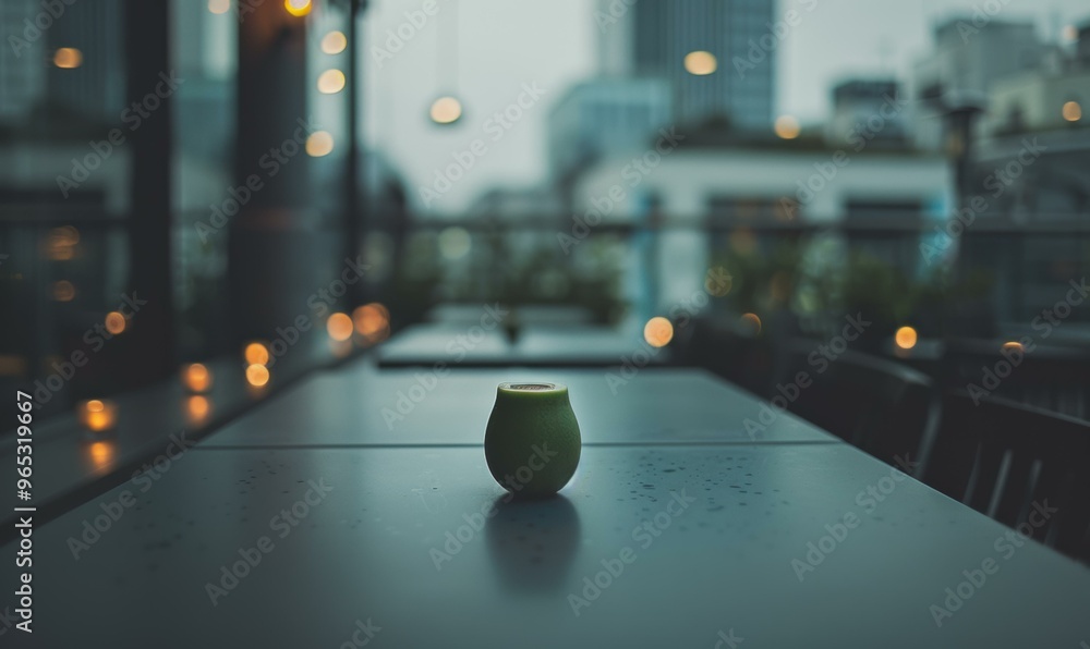 Poster a green object sits on a table with a blurred cityscape in the background. ai.