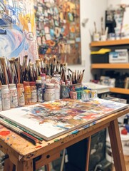 Obraz premium Art Studio with Painting Supplies and Canvas.