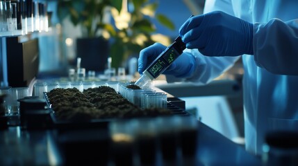 A laboratory technician uses a pH meter to assess soil ac idity, with multiple samples laid out for testing.