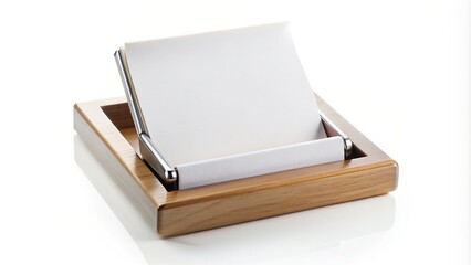 Memo paper holder isolated on a white background, organization, stationery, sleek, workplace, medium shot, isolated, office desk, document, message, holder, clip, minimalist, business