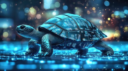 A turtle walking forward with a body formed from data columns, symbolizing the lag and sluggishness in certain data processing scenarios.