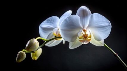 Obraz premium White orchid phalaenopsis flower isolated on a black background from a worm s eye view, grace, flower, phalaenopsis, bloom, flora, beauty, plant, worm's eye view, serene, tropical