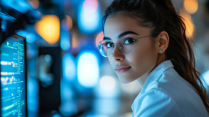 Focused Female Software Developer Collaborating on Industrial Tech Project with Diverse Indian Colleagues in High-Tech Research Lab