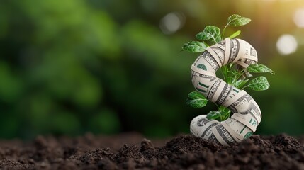 Financial Growth Concept with Currency Symbols and Plants , Copy Space, Selective Focus in