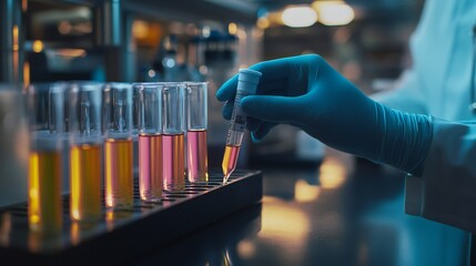 A technician in a lab environment tests soil pH level using a glass electrode, with pH indicators in the background.