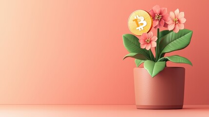 Blooming Cryptocurrency Symbols in with Copy Space, Selective Focus on Flowers - Background