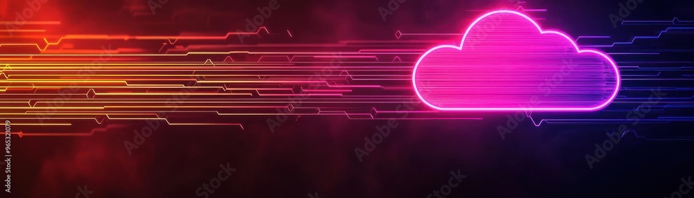 Poster futuristic cloud computing concept with neon lights and a digital cloud icon, symbolizing modern tec