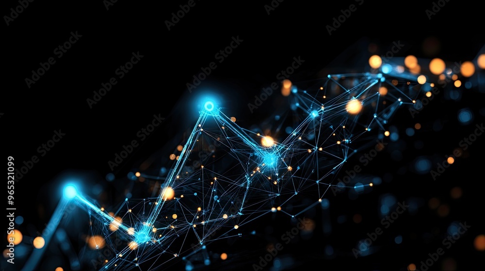 Poster an up arrow composed of interconnected nodes and lines, set against a black background, representing