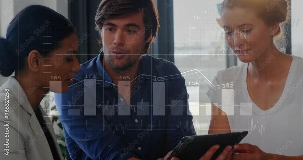 Poster animation of financial data processing over diverse colleagues discussing work in office