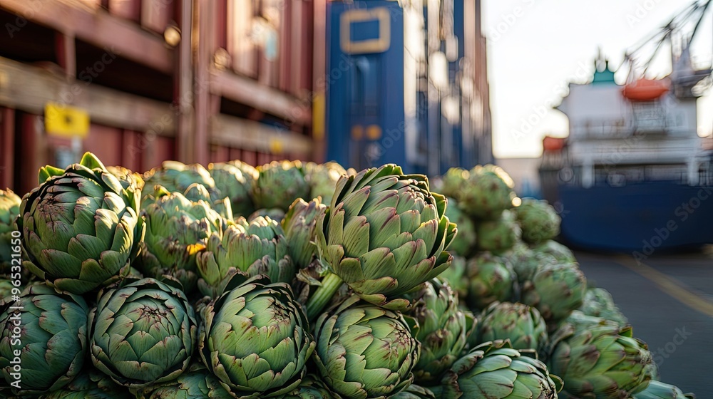 Sticker Artichokes stacked near a cargo ship at a port, ready for export, highlighting the international transportation of agricultural products.