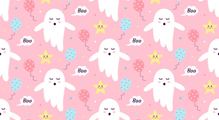 Cute ghost with star and balloons seamless pattern. Halloween baby characters. Magic scary spirits pastel print. Vector cartoon illustration.