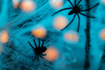 Spiders sitting on a spider web close-up. Bright orange pumpkin shaped lanterns on background. Halloween holiday. For backgrounds