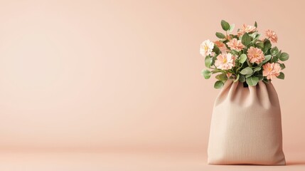 Fototapeta premium Blooming Wealth - Money Bag with Flowers on with Copy Space. Selective Focus on Foreground.