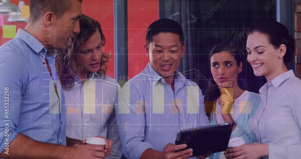 Poster animation of financial data processing over diverse colleagues discussing work in office