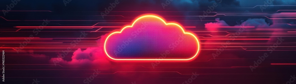 Poster futuristic cloud computing concept with neon lights and a digital cloud icon, symbolizing modern tec