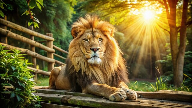 A majestic male lion lies relaxed in a naturalistic enclosure, its tawny fur glistening in warm sunlight, surrounded