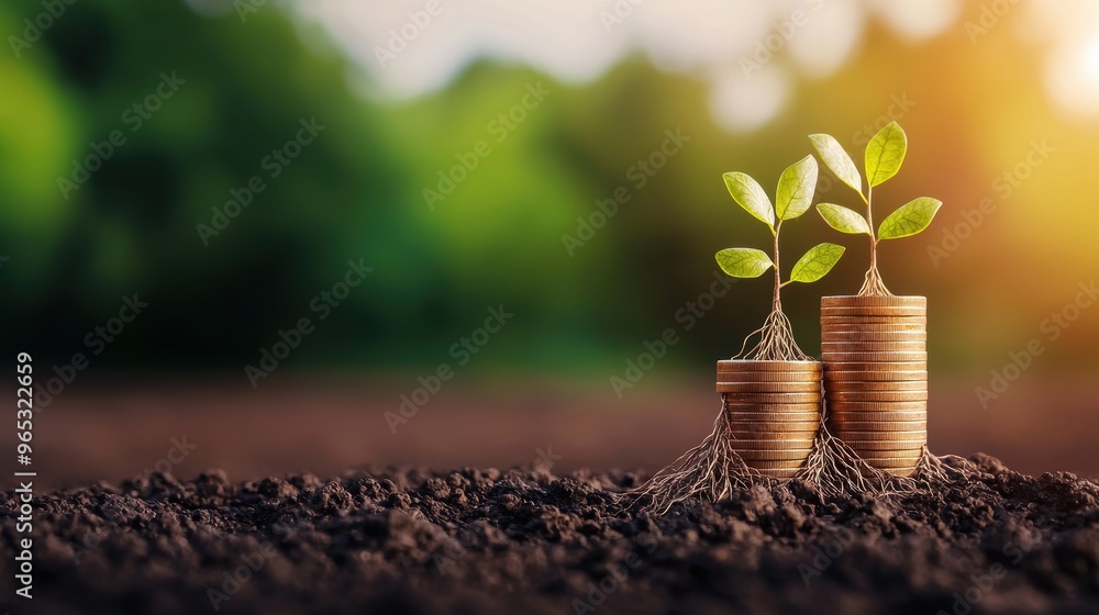 Poster growth and prosperity concept - coins sprouting roots and branches in with copy space, selective foc