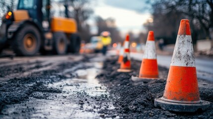 Close-up of safety cones and barriers surrounding an active road repair site, with construction workers and machinery visible
