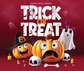 Fototapeta premium Halloween trick or treat vector design. Trick or treat greeting text with cute funny pumpkin wearing witch black hat and ghost elements in creepy red background for spooky holiday season greeting 